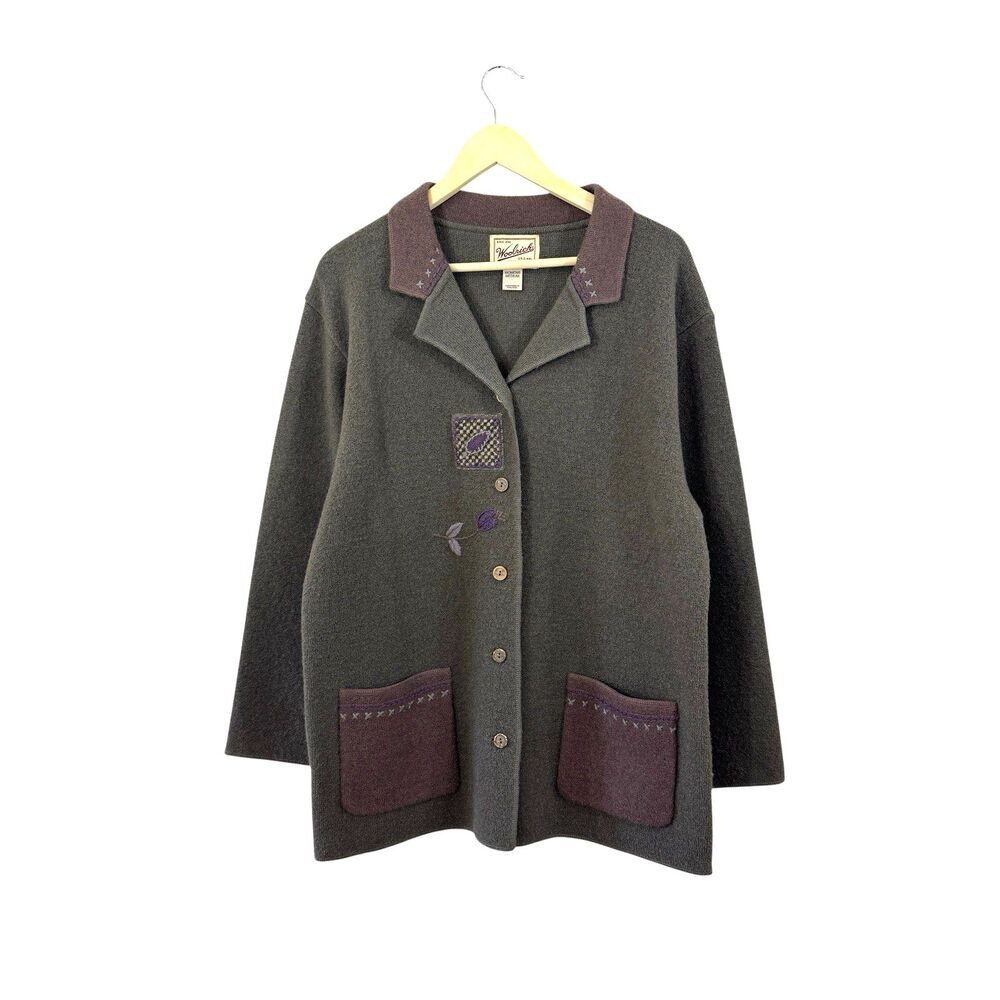 Woolrich Medium Wool Sweater Cardigan Tunic Oversized Embroidered Womens READ